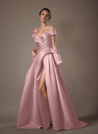 Off-The-Shoulder Sleeveless Satin Mother Of The Bride Dresses With Split Front