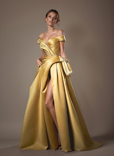 Off-The-Shoulder Sleeveless Satin Mother Of The Bride Dresses With Split Front