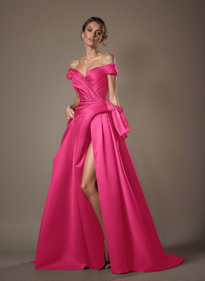 Off-The-Shoulder Sleeveless Satin Mother Of The Bride Dresses With Split Front