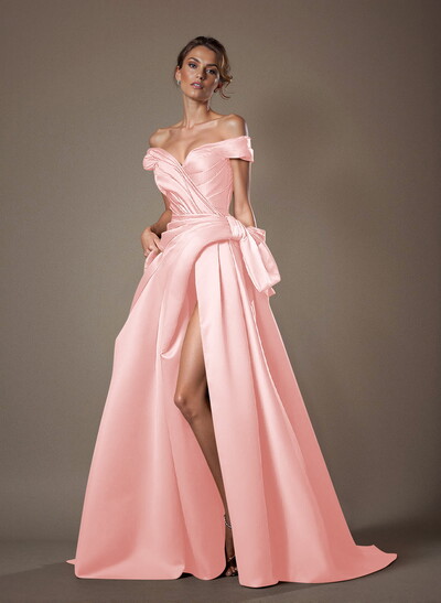 Off-The-Shoulder Sleeveless Satin Mother Of The Bride Dresses With Split Front