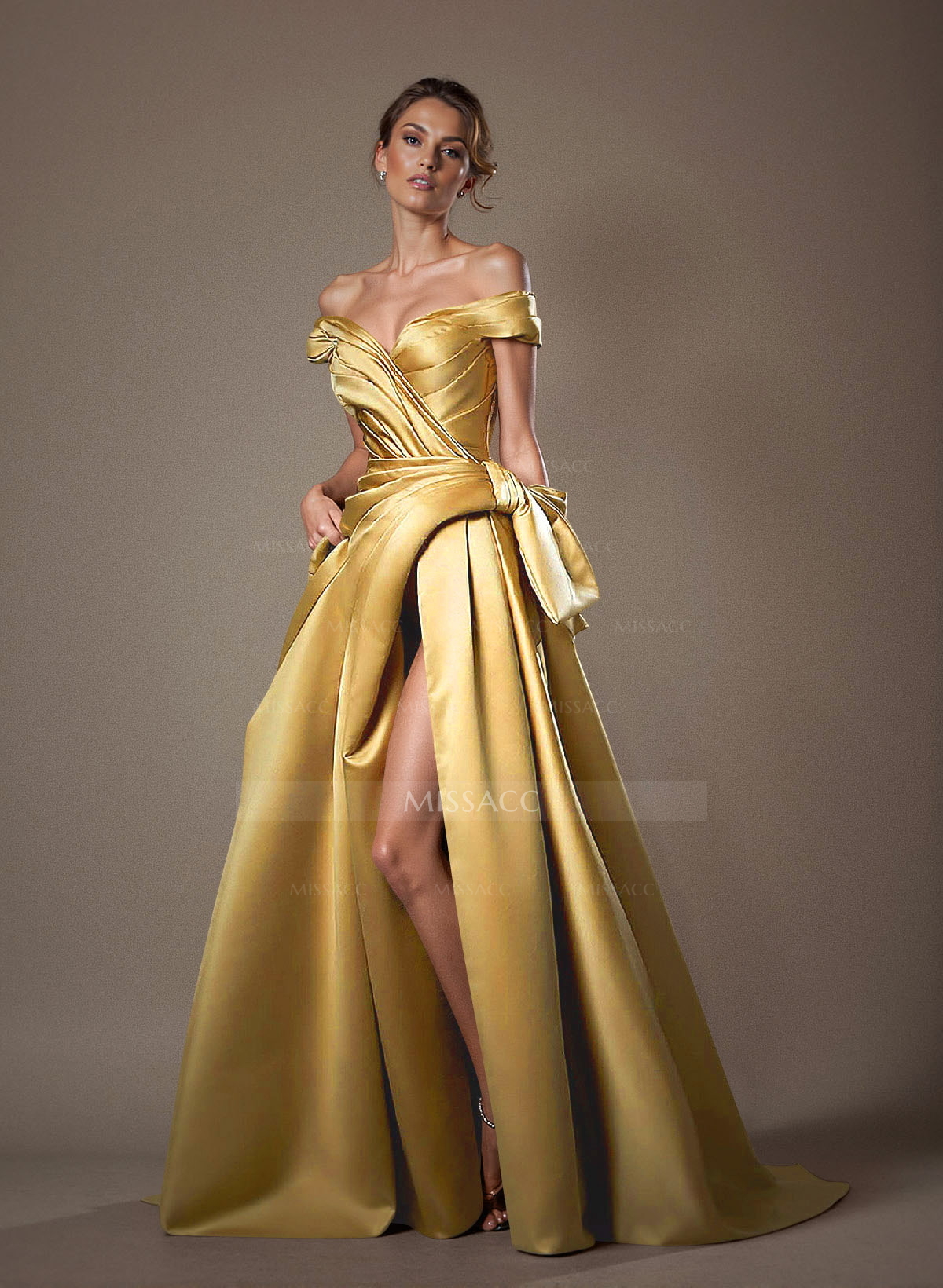 Off-The-Shoulder Sleeveless Satin Mother Of The Bride Dresses With Split Front