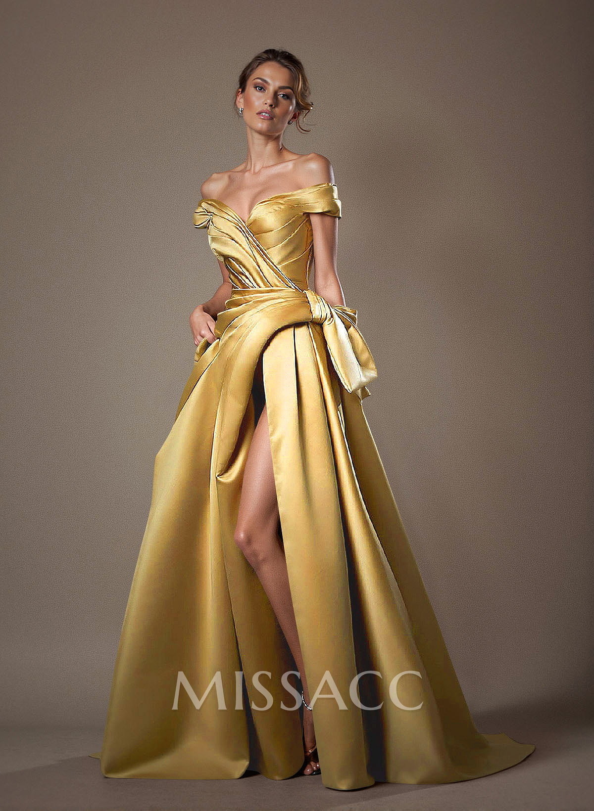 Off-The-Shoulder Sleeveless Satin Mother Of The Bride Dresses With Split Front