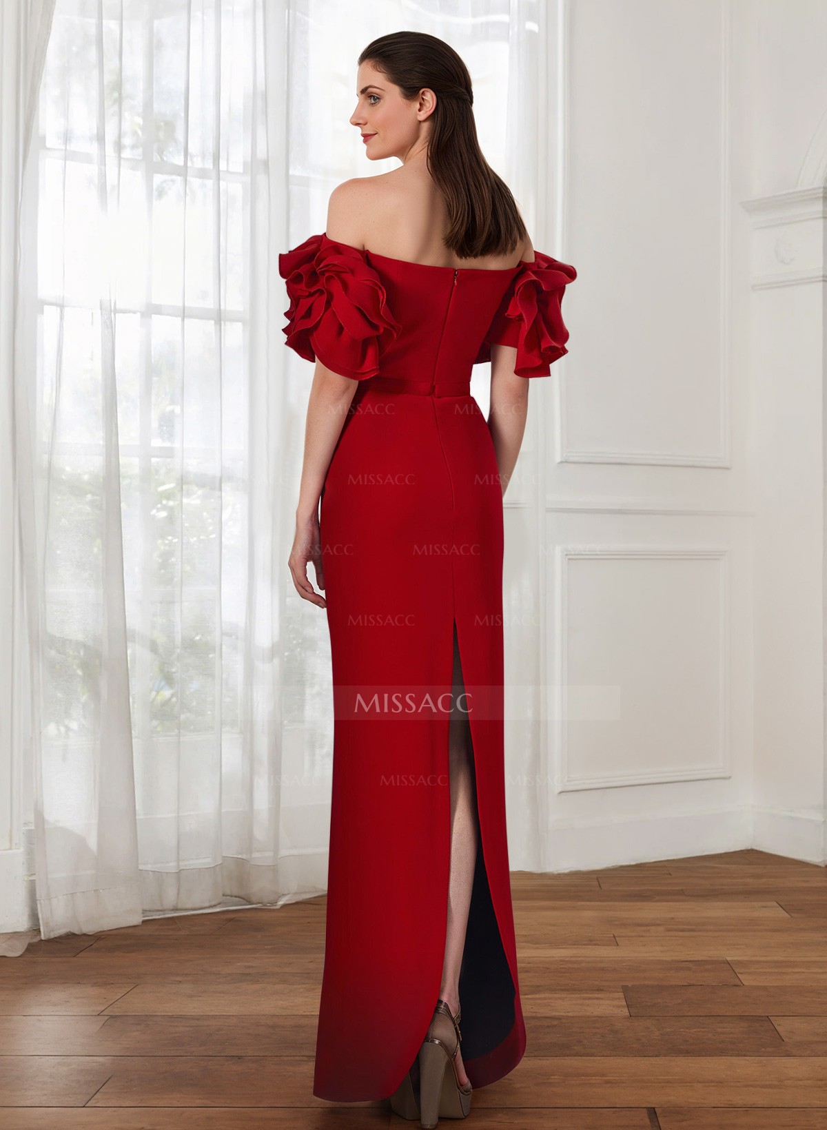 Column Off-The-Shoulder Elastic Satin Mother Of The Bride Dresses With Split Front