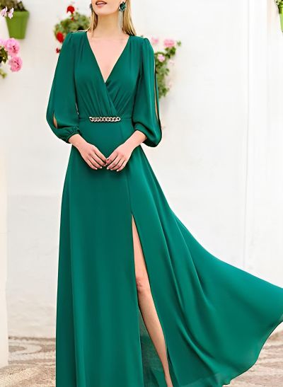 A-Line V-Neck 3/4 Sleeves Sweep Train Chiffon Mother Of The Bride Dresses With Split Front