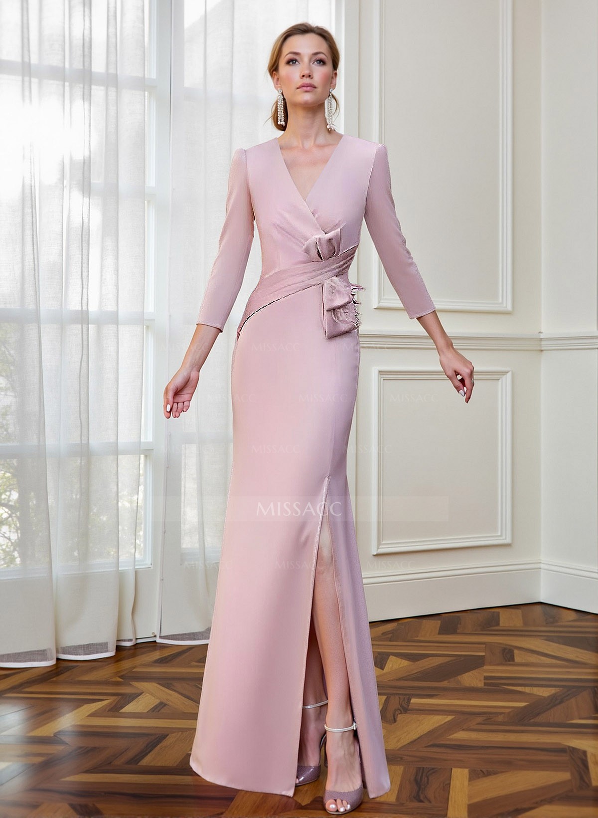 V-Neck 3/4 Sleeves Floor-Length Elastic Satin Mother Of The Bride Dresses With Split Front