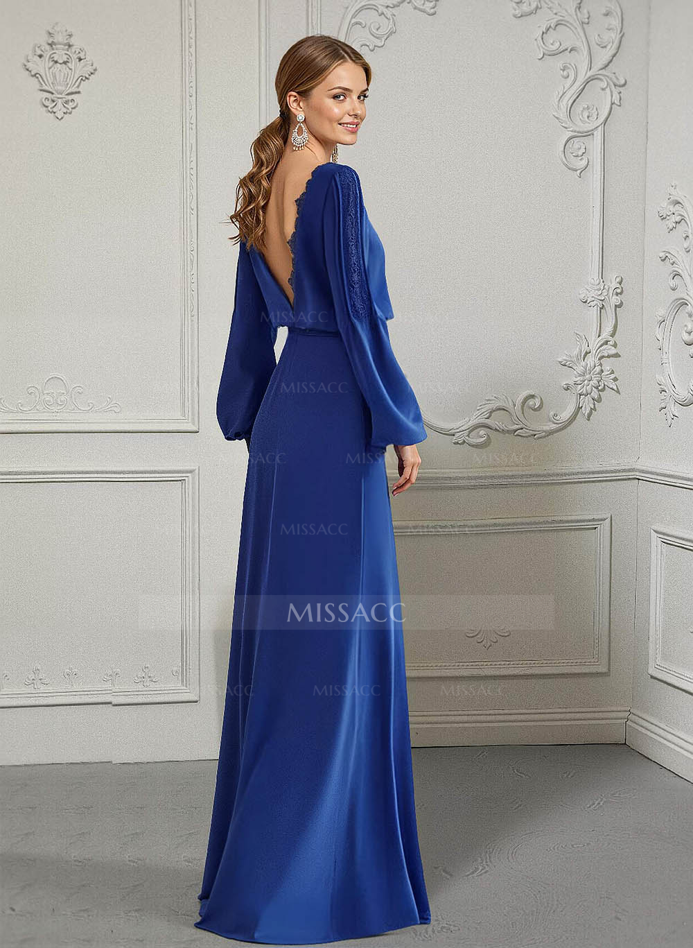 Scoop Neck Long Sleeves Floor-Length Chiffon Mother Of The Bride Dresses With Lace