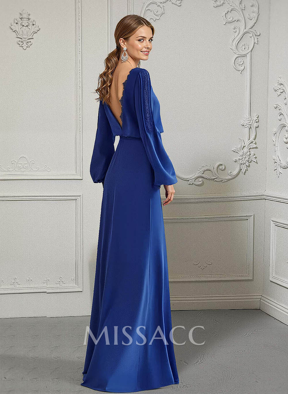 Scoop Neck Long Sleeves Floor-Length Chiffon Mother Of The Bride Dresses With Lace Scoop Neck Long Sleeves Floor-Length Chiffon Mother Of The Bride Dresses With Lace
