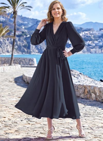 A-Line V-Neck Long Sleeves Tea-Length Chiffon Mother Of The Bride Dresses