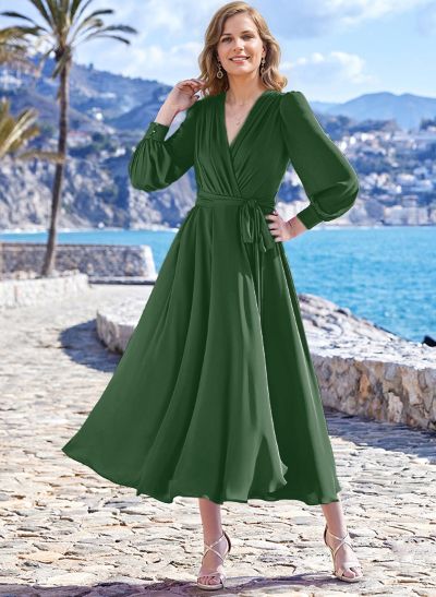 A-Line V-Neck Long Sleeves Tea-Length Chiffon Mother Of The Bride Dresses