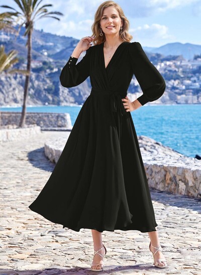 A-Line V-Neck Long Sleeves Tea-Length Chiffon Mother Of The Bride Dresses