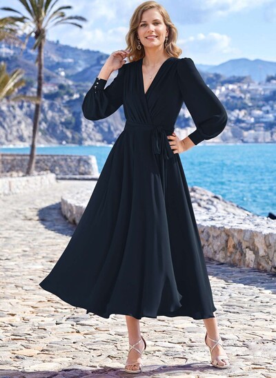 A-Line V-Neck Long Sleeves Tea-Length Chiffon Mother Of The Bride Dresses