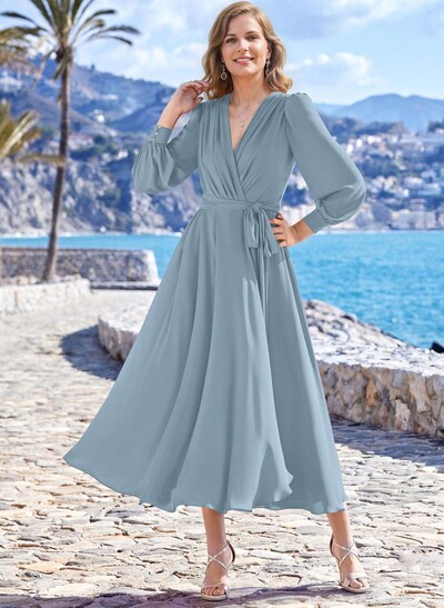 A-Line V-Neck Long Sleeves Tea-Length Chiffon Mother Of The Bride Dresses