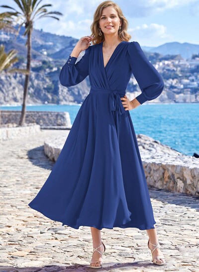 A-Line V-Neck Long Sleeves Tea-Length Chiffon Mother Of The Bride Dresses