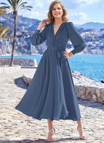 A-Line V-Neck Long Sleeves Tea-Length Chiffon Mother Of The Bride Dresses