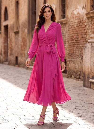 A-Line V-Neck Long Sleeves Tea-Length Chiffon Mother Of The Bride Dresses