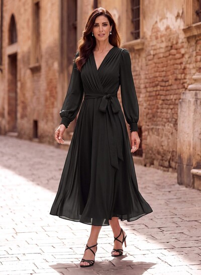 A-Line V-Neck Long Sleeve Tea-Length Chiffon Mother Of The Bride Dresses