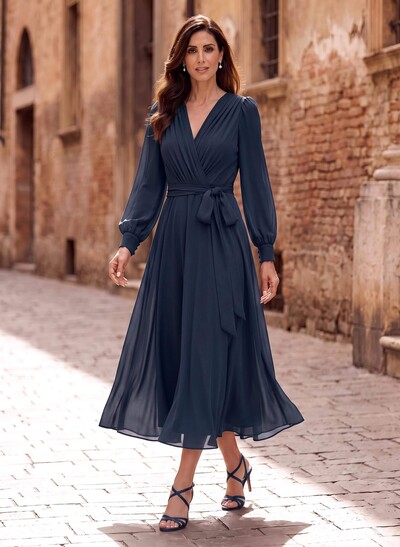 A-Line V-Neck Long Sleeves Tea-Length Chiffon Mother Of The Bride Dresses