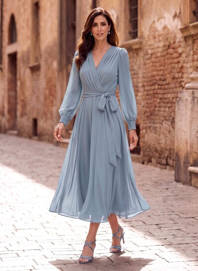 A-Line V-Neck Long Sleeves Tea-Length Chiffon Mother Of The Bride Dresses