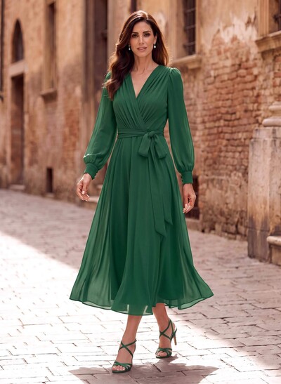 A-Line V-Neck Long Sleeves Tea-Length Chiffon Mother Of The Bride Dresses