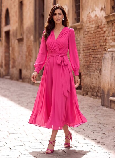 A-Line V-Neck Long Sleeves Tea-Length Chiffon Mother Of The Bride Dresses