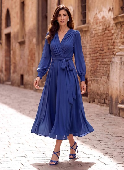 A-Line V-Neck Long Sleeves Tea-Length Chiffon Mother Of The Bride Dresses