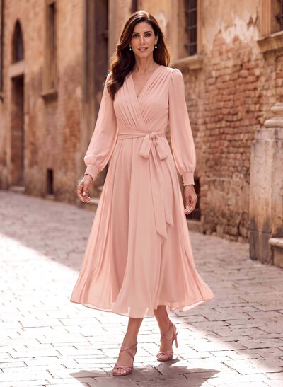 A-Line V-Neck Long Sleeves Tea-Length Chiffon Mother Of The Bride Dresses