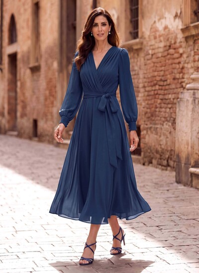A-Line V-Neck Long Sleeves Tea-Length Chiffon Mother Of The Bride Dresses