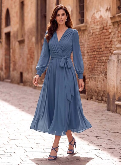 A-Line V-Neck Long Sleeve Tea-Length Chiffon Mother Of The Bride Dresses