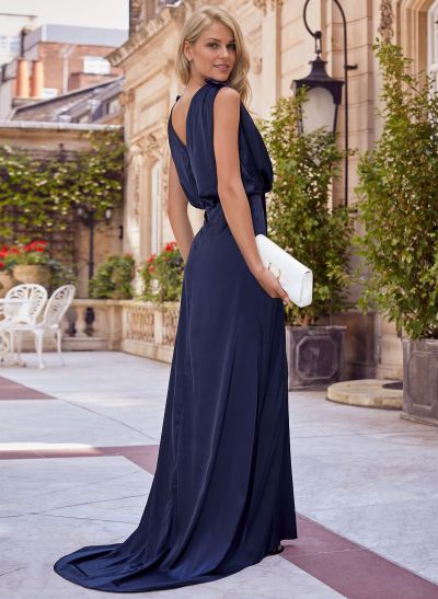 V-Neck Sleeveless Floor-Length Charmeuse Evening Dresses