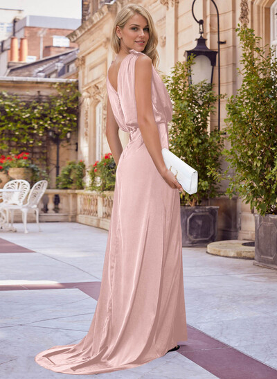 V-Neck Sleeveless Sweep Train Silk Like Satin Mother Of The Bride Dresses
