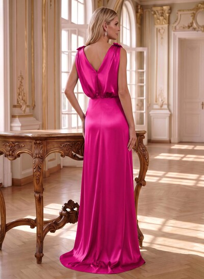V-Neck Sleeveless Sweep Train Silk Like Satin Mother Of The Bride Dresses