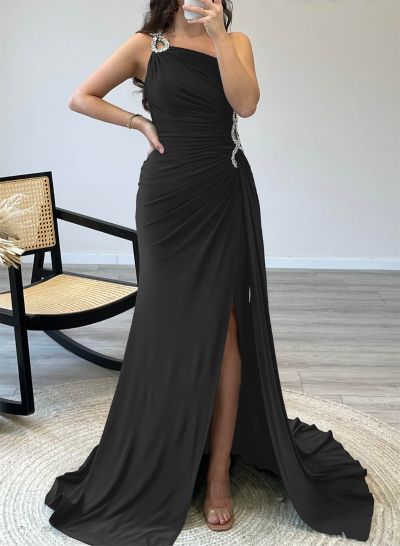 Sheath/Column One-Shoulder Elastic Satin Prom Dresses With Beading/Pleated