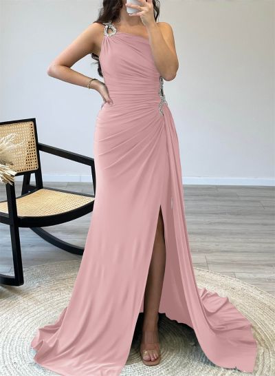 One-Shoulder Sparkly Pleated Slit Mother Of The Bride Dresses