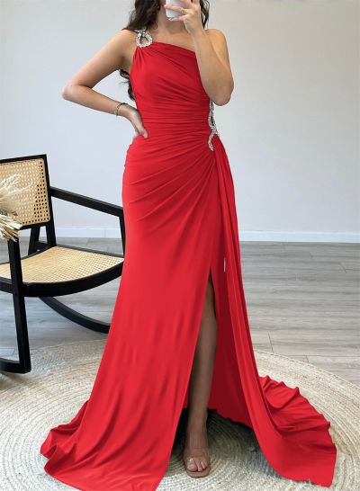 Sheath/Column One-Shoulder Elastic Satin Prom Dresses With Beading/Pleated