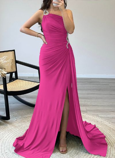 One-Shoulder Sparkly Pleated Slit Mother Of The Bride Dresses