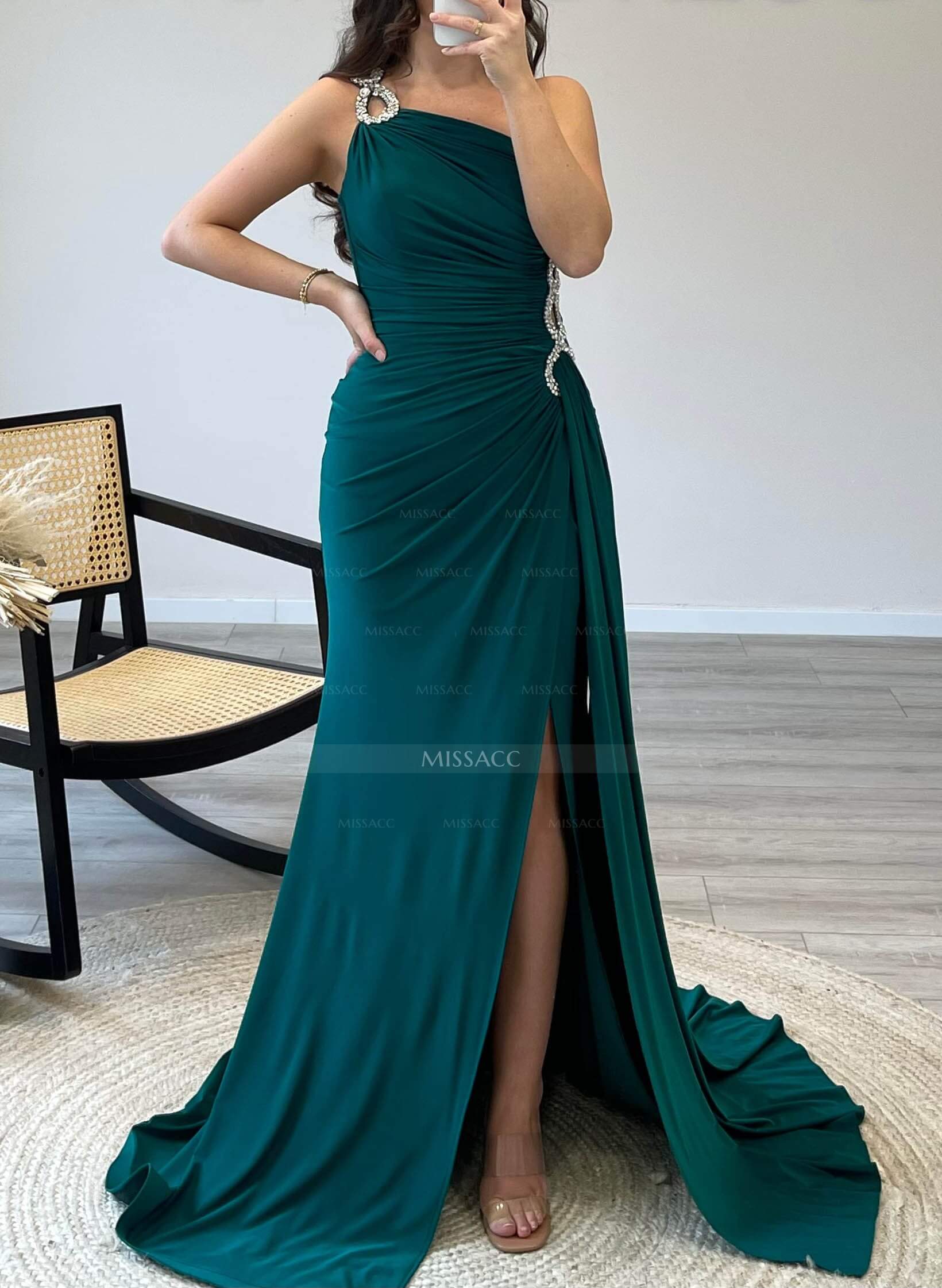 Bedazzled Curve Ruched One-Shoulder Side Drape On Waist Mother Of The Bride Dresses