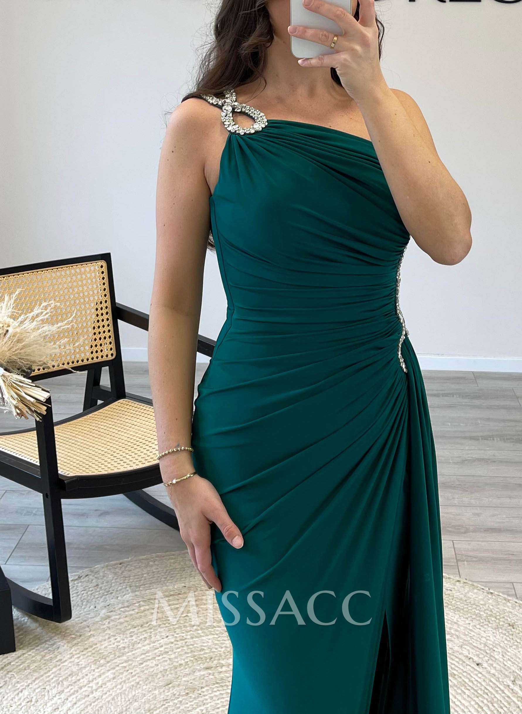 Bedazzled Curve Ruched One-Shoulder Side Drape On Waist Mother Of The Bride Dresses