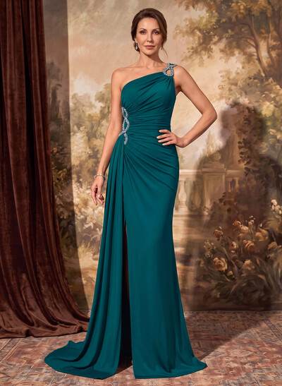 Bedazzled Curve Ruched One-Shoulder Side Drape On Waist Mother Of The Bride Dresses