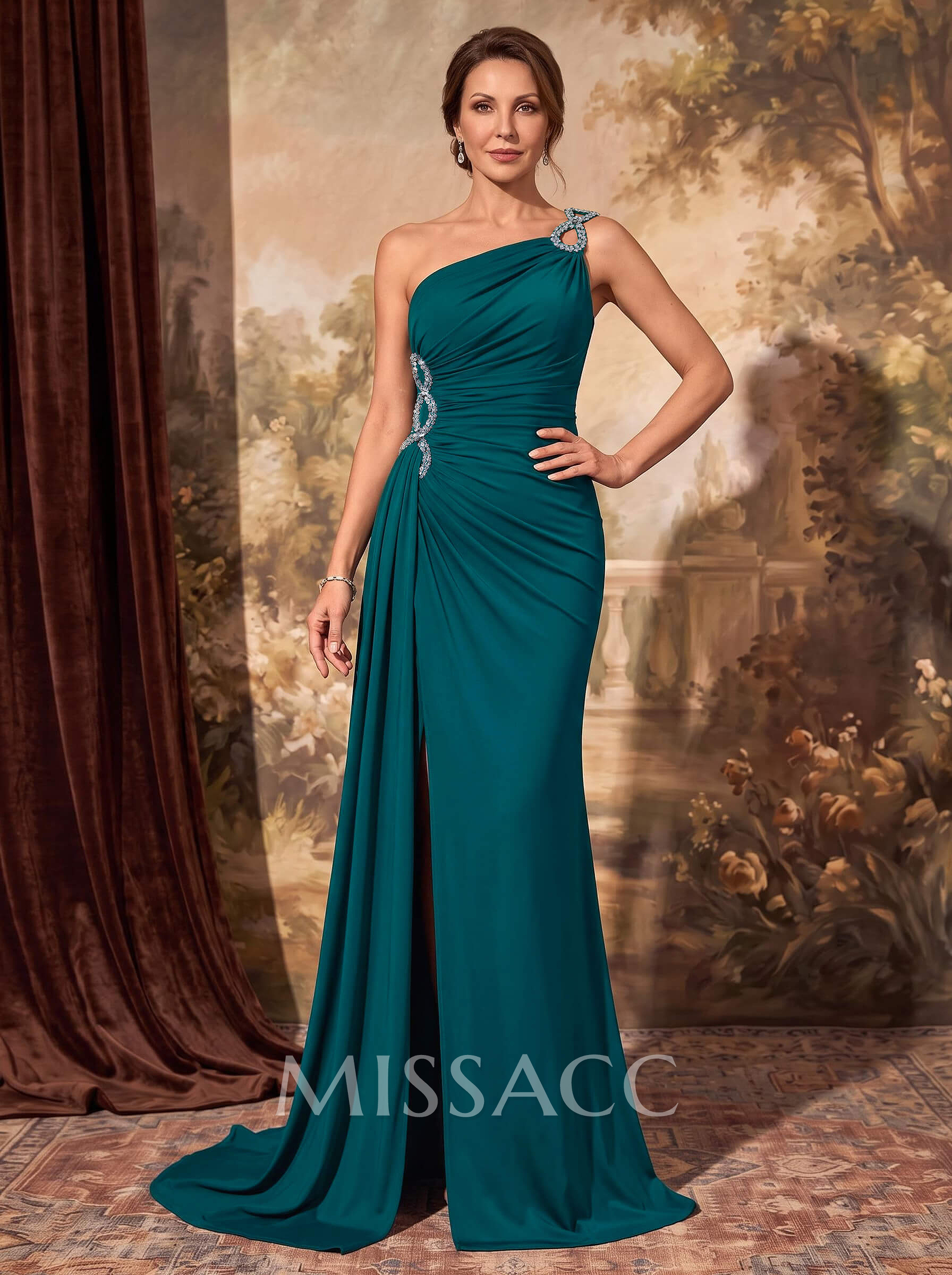 Bedazzled Curve Ruched One-Shoulder Side Drape On Waist Mother Of The Bride Dresses Bedazzled Curve Ruched One-Shoulder Side Drape On Waist Mother Of The Bride Dresses