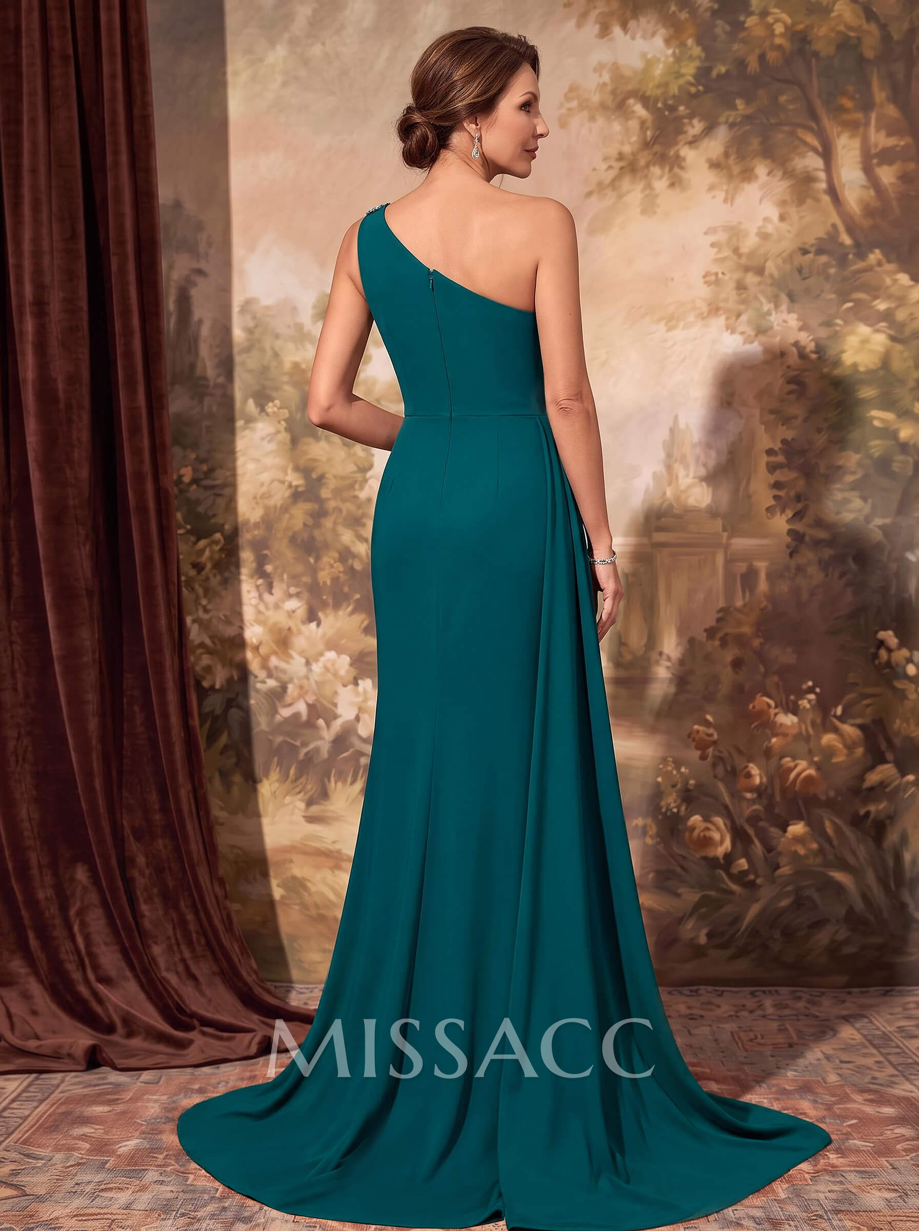Bedazzled Curve Ruched One-Shoulder Side Drape On Waist Mother Of The Bride Dresses Bedazzled Curve Ruched One-Shoulder Side Drape On Waist Mother Of The Bride Dresses