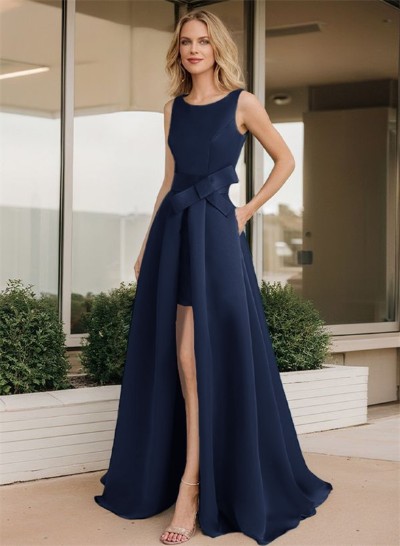 A-Line Scoop Neck Satin Mother Of The Bride Dresses With Split Front/Bow(s)