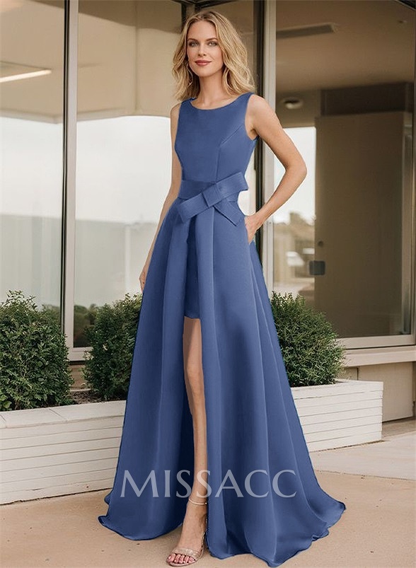 A-Line Scoop Neck Satin Mother Of The Bride Dresses With Split Front/Bow(s) A-Line Scoop Neck Satin Mother Of The Bride Dresses With Split Front/Bow(s)