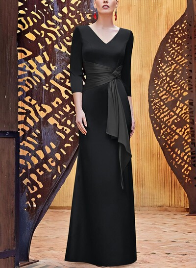 Sheath V-Neck 3/4 Sleeves Floor-Length Charmeuse Mother Of The Bride Dresses