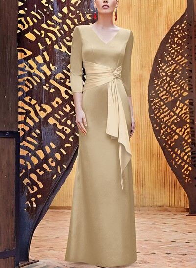 Sheath V-Neck 3/4 Sleeves Floor-Length Charmeuse Mother Of The Bride Dresses