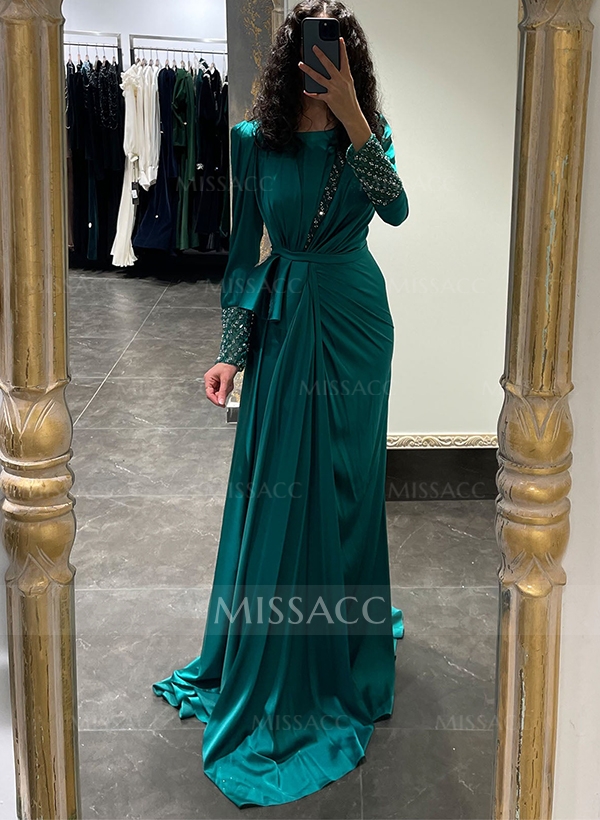 Scoop Neck Long Sleeves Sweep Train Silk Like Satin Mother Of The Bride Dresses