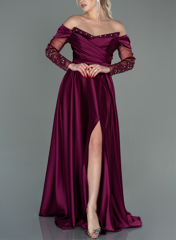 A-Line Off-The-Shoulder Long Sleeves Satin Mother Of The Bride Dresses With Split Front