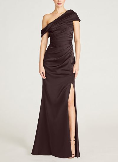 Column Asymmetrical Neck Charmeuse Mother Of The Bride Dresses With Split Front
