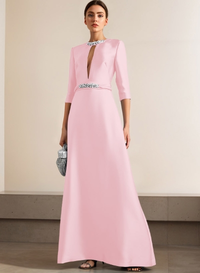 A-Line Scoop Neck 1/2 Sleeves Satin Mother Of The Bride Dresses With Rhinestone