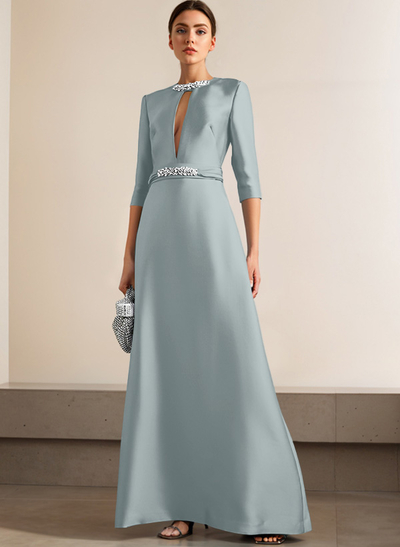 A-Line Scoop Neck 1/2 Sleeves Satin Mother Of The Bride Dresses With Rhinestone