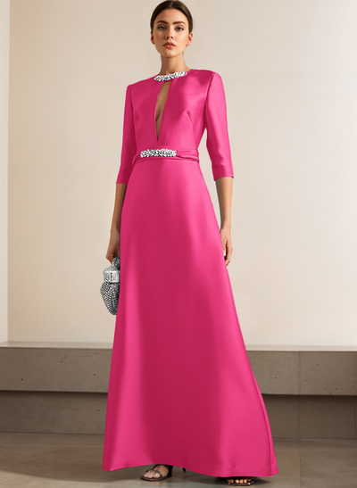 A-Line Scoop Neck 1/2 Sleeves Satin Mother Of The Bride Dresses With Rhinestone